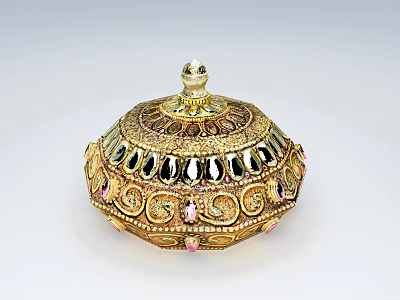 Decorative Ceramic Vessel With Golden Patterns And Pink Gemstone Embellishments 3d model