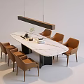 Modern Dining Table Set with Marble Tabletop and Brown Chairs and Hanging Pendant Light 3d model