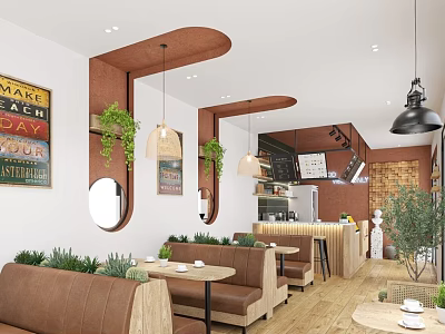 Warm Restaurant Interior Featuring Vintage Posters Brown Booth Sofas Small Round Tables And Hanging Plants 3d model