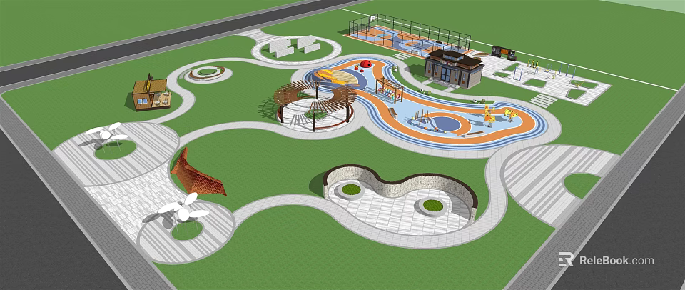 Colorful Park Playground Design With Curved Pathways Green Lawns Circular Plazas And Gazebo 3d model 