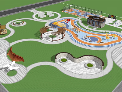 Colorful Park Playground Design With Curved Pathways Green Lawns Circular Plazas And Gazebo 3d model