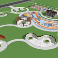 Colorful Park Playground Design With Curved Pathways Green Lawns Circular Plazas And Gazebo