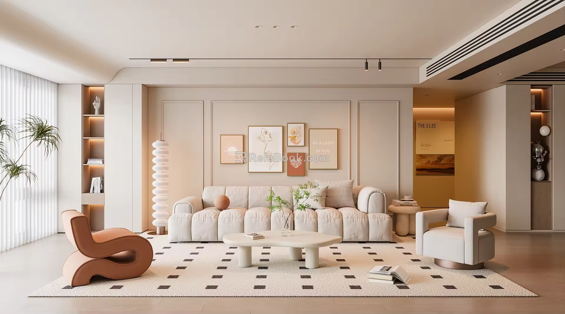 Modern Cream Style Living Room Sofa Coffee Table Multi-Person Sofa Picture Floor Lamp 3d model