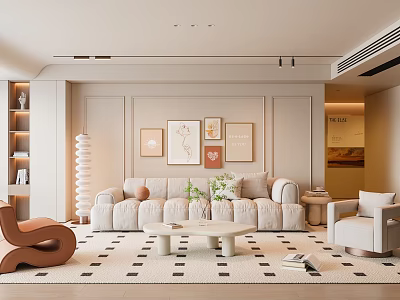 Cozy Modern Living Room Interior With Comfortable Sofa Coffee Table Decorative Paintings And Area Rug 3d model