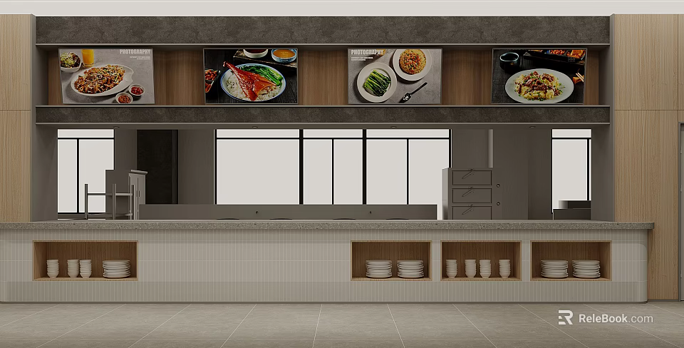 Modern Restaurant Interior With Menu Display Screens Windows And Dish Storage Cabinets 3d model