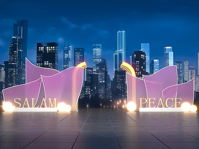 Pink Event Entrance Gate With SALAM PEACE Letters And Urban Night Backdrop 3d model