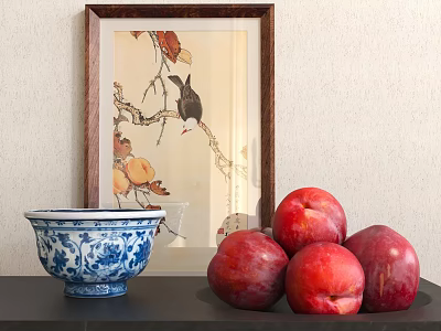 Traditional Decorative Ornament Set with Framed Bird Painting Blue and White Porcelain Bowl Red Plums 3d model