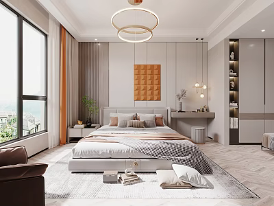 Modern Bedroom Interior Design With Round Pendant Lights Decorative Wall Art Large Windows And Curtains 3d model