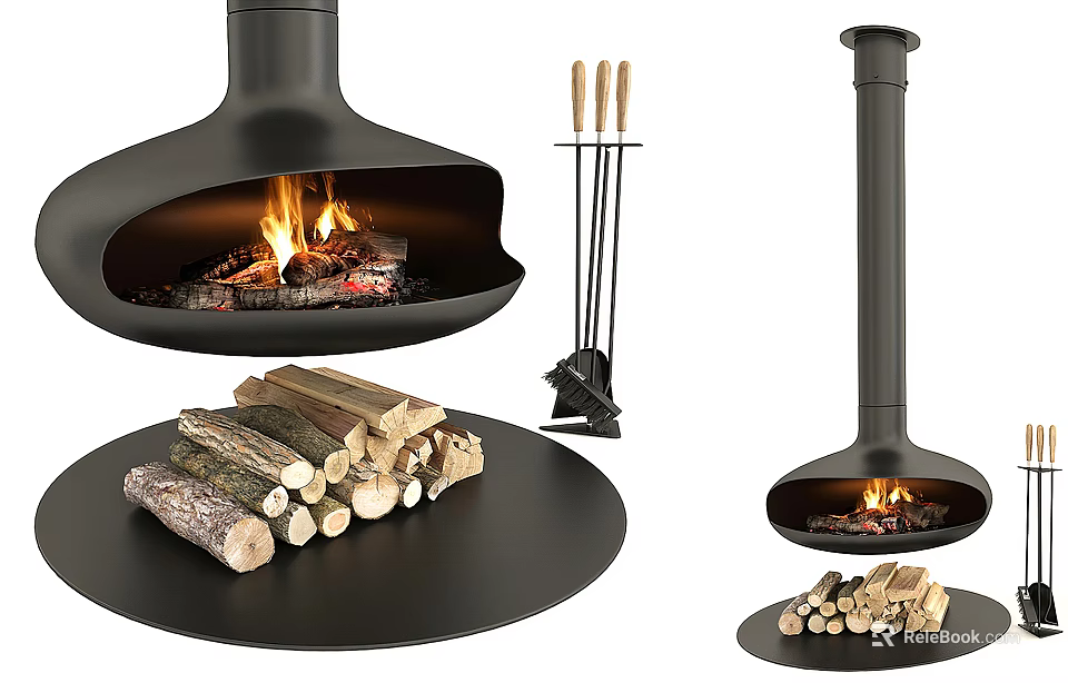 Modern Fireplace Design With Burning Fire Wood Logs And Fireplace Tools 3d model