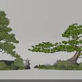 Japanese Garden Landscape With Pine Trees Stone Arrangement Green Shrubs And Miniature Pavilion