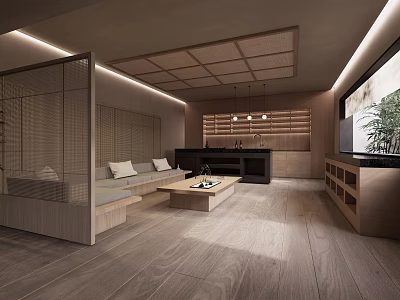Modern Japanese Casual Lounge Interior With Tatami Sofa Coffee Table TV And Wooden Elements 3d model