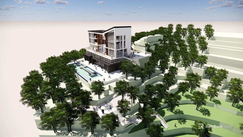 Modern Hillside Boutique Hotel Building Surrounded by Lush Trees and Swimming Pool With Scenic View 3d model 
