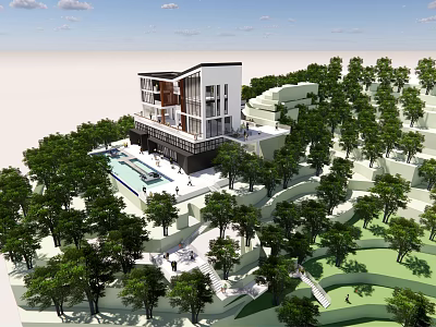 Modern Hillside Boutique Hotel Building Surrounded by Lush Trees and Swimming Pool With Scenic View 3d model