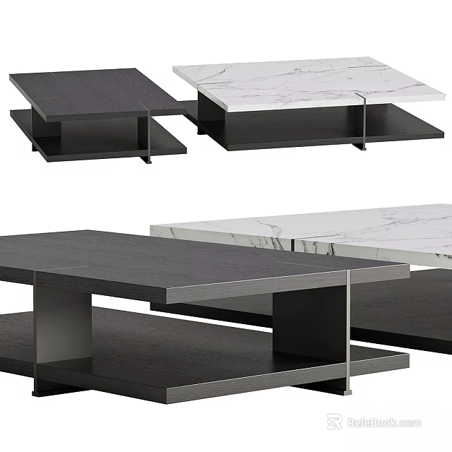Modern Functional Table With Black Wood White Marble Top And Layered Storage Design 3d model 