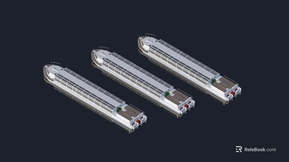 Three Silver Cargo Ships Lined Up With Long Hulls And Similar Structure 3d model