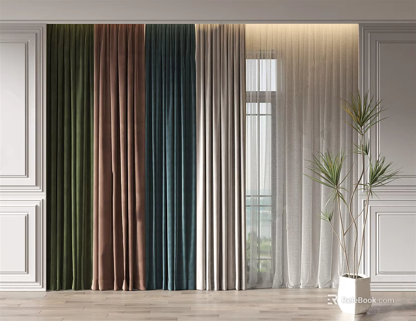 Stylish Green Brown Blue Beige Velvet Curtains In Interior With Window White Walls And Plant 3d model 