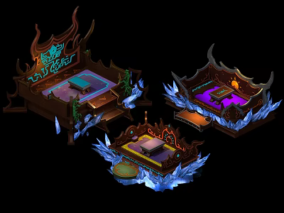 Cartoon Game Scenes With Flame Ice Decorations And Glowing Effects 3d model
