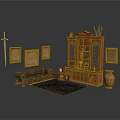 Traditional Interior Design With Wooden Cabinet Brown Sofa Picture Frames And Antique Vase
