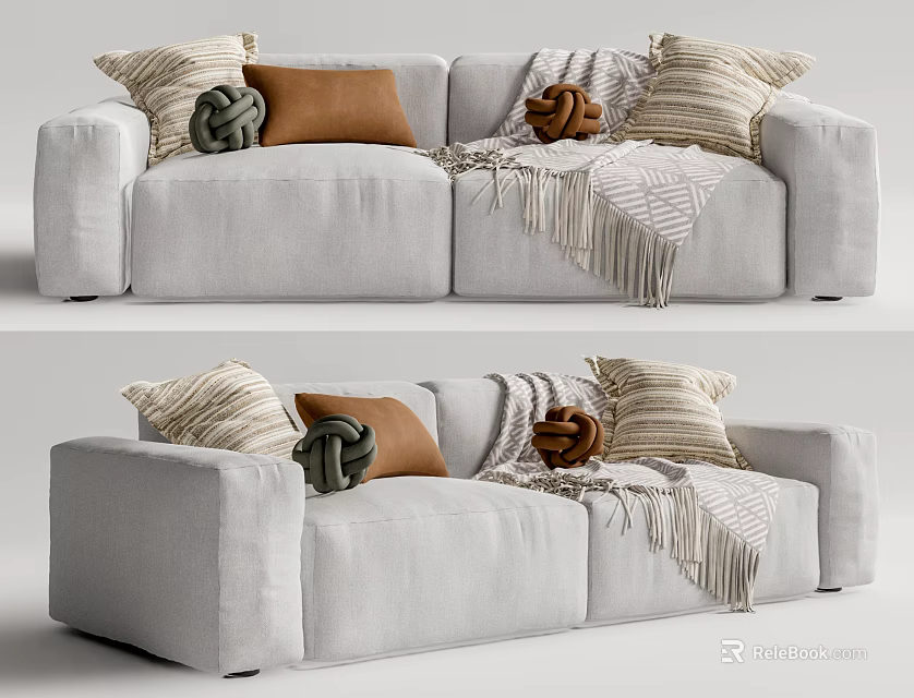 Light Gray Two Seater Sofa With Decorative Pillows And Striped Throw Blanket 3d model