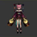 Woman with Pink Hair in Traditional Purple Gold Outfit Holding Yellow Objects and Decorative Headpiece