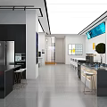 Modern Kitchen Interior With Black Cabinets Island Counter Stainless Steel Appliances And City View