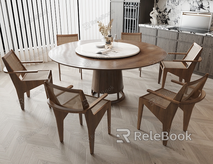 Quiet Style Dining Table and Chair Round Dining Table Dining Chair Rattan Chair Background Wall Decorative Cabinet model