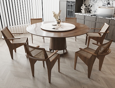 Quiet Style Dining Table and Chair Round Dining Table Dining Chair Rattan Chair Background Wall Decorative Cabinet 3d model