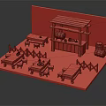 Cartoon Scene of Outdoor Wooden Tavern with Kiosk Tables Benches Barrels Fences and Brick Wall