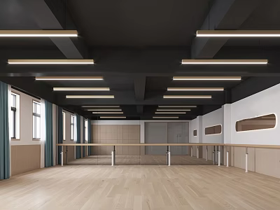 Spacious Fitness Dance Studio With Wooden Floor Barres Large Windows And Ceiling Lights 3d model