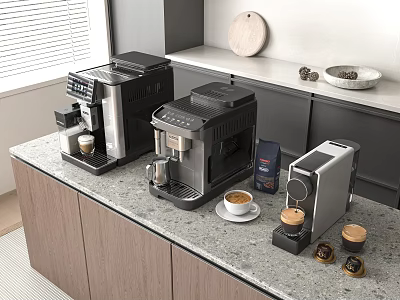 Modern Coffee Machines On Home Kitchen Countertop With Coffee Cups And Beans 3d model