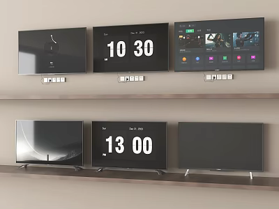 Multiple Televisions Displayed on Shelves Showing Time and App Icons 3d model