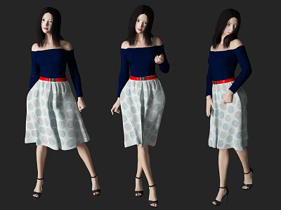 Woman In Off Shoulder Blue Top White Polka Dot Skirt Red Belt Black High Heels 3d model