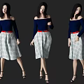 Woman In Off Shoulder Blue Top White Polka Dot Skirt Red Belt Black High Heels