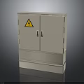 White Metal Double Door Cabinet With Yellow Warning Sign And Base