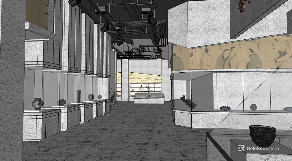 Spacious Museum Exhibition Hall With Glass Display Cases And Ancient Artifacts 3d model 