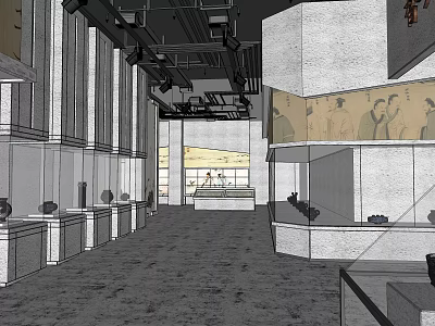Spacious Museum Exhibition Hall With Glass Display Cases And Ancient Artifacts 3d model