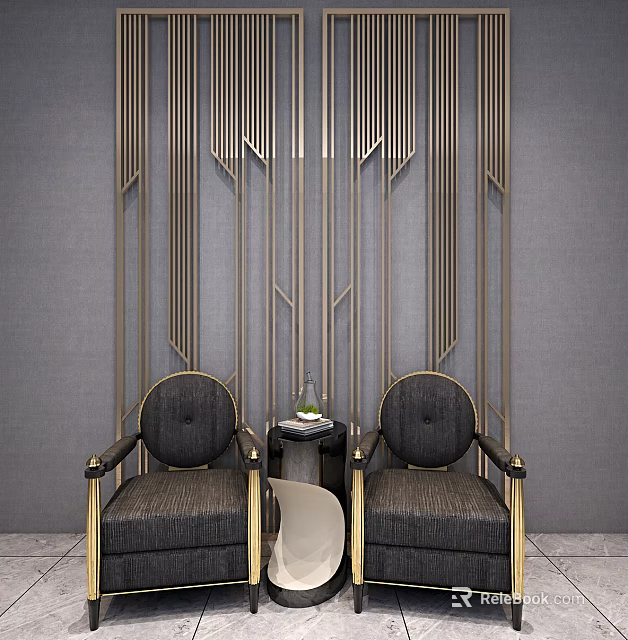 Modern Geometric Gold Accented Room Screen With Two Armchairs And Side Table 3d model