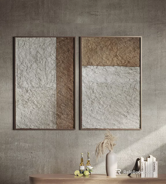 Abstract Textured Wall Art Two Pieces White Brown On Gray Wall 3d model