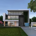 Modern Detached Villa Exterior Design With Large Glass Windows Greenery Lawn And Driveway