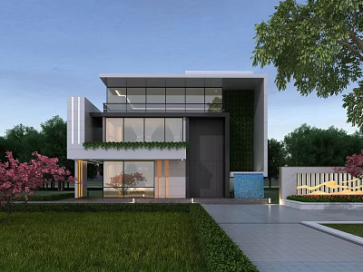 Modern Detached Villa Exterior Design With Large Glass Windows Greenery Lawn And Driveway 3d model