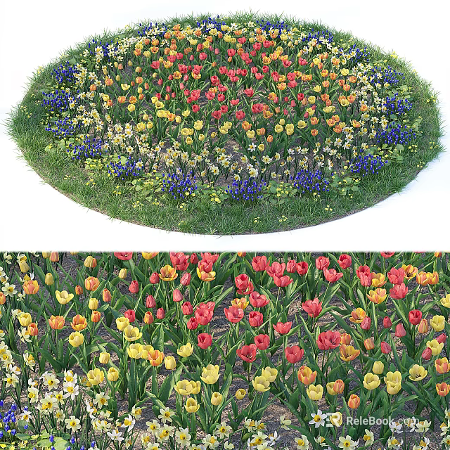 Vibrant Bonsai Potted Plants With Colorful Flowers And Circular Green Grass Arrangement 3d model 