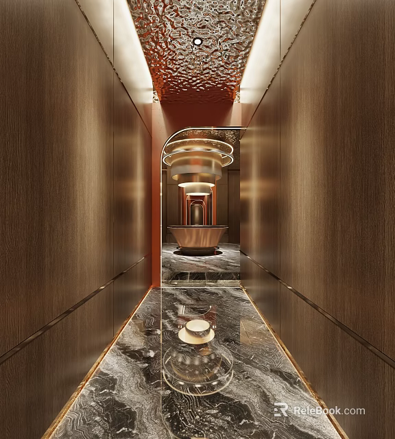 KTV Corridor Design With Wooden Walls Marble Floor Circular Ceiling Light And Reception Desk 3d model 