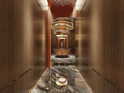 KTV Corridor Design With Wooden Walls Marble Floor Circular Ceiling Light And Reception Desk 3d model