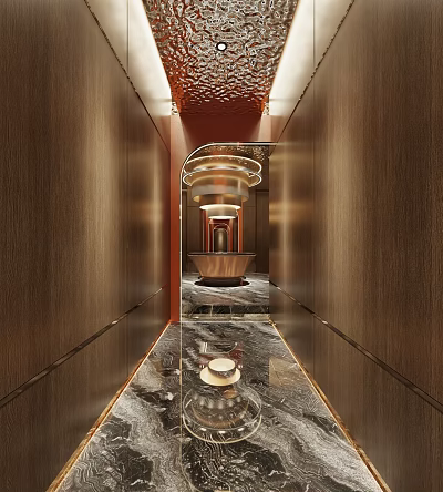 KTV Corridor Design With Wooden Walls Marble Floor Circular Ceiling Light And Reception Desk 3d model