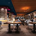 Stylish Restaurant Interior With Wooden Ceiling Stone Wall Blue Booths And Dining Tables