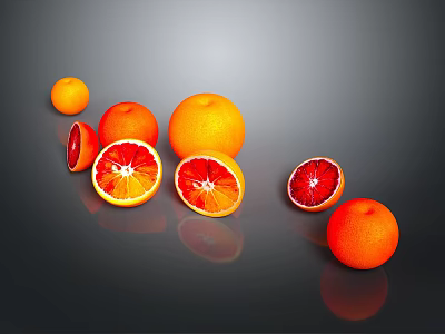 Fresh Ripe Whole And Sliced Blood Oranges With Reflection On Dark Background 3d model