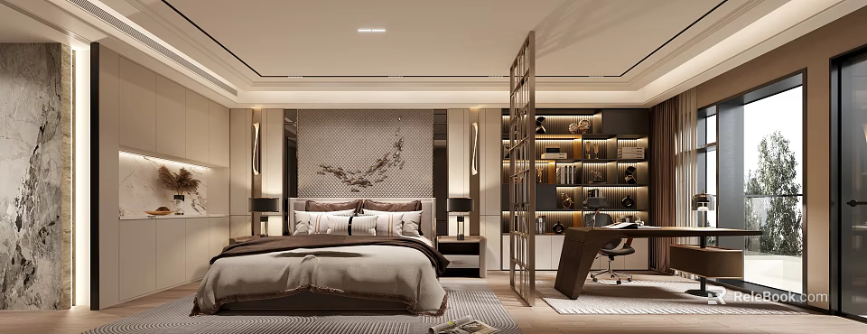 Modern Bedroom Interior With Bed Nightstands Wall Art Bookshelves And Desk 3d model 