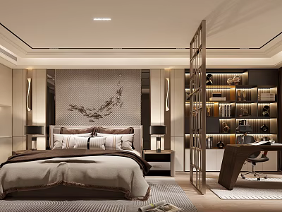 Modern Bedroom Interior With Bed Nightstands Wall Art Bookshelves And Desk 3d model