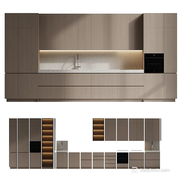 Modern Kitchen Interior With Light Colored Wooden Cabinets And Built In Appliances 3d model 