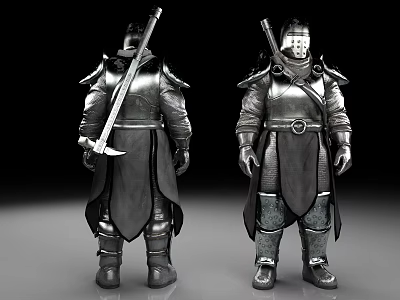 Man in armored attire with sword on back front and back views displaying warrior design 3d model